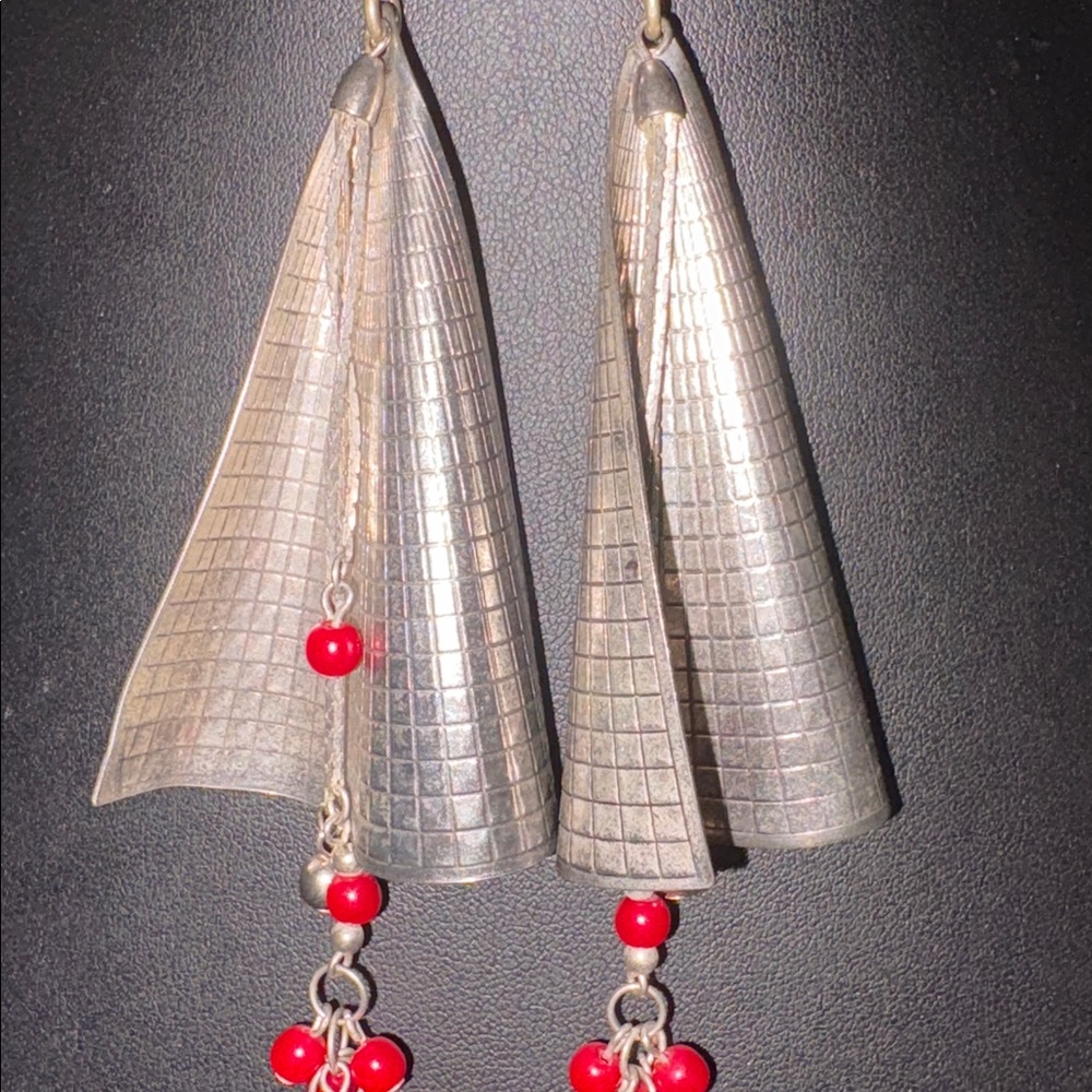 Metal Silver And Red Dangle Statement Earrings - image 2